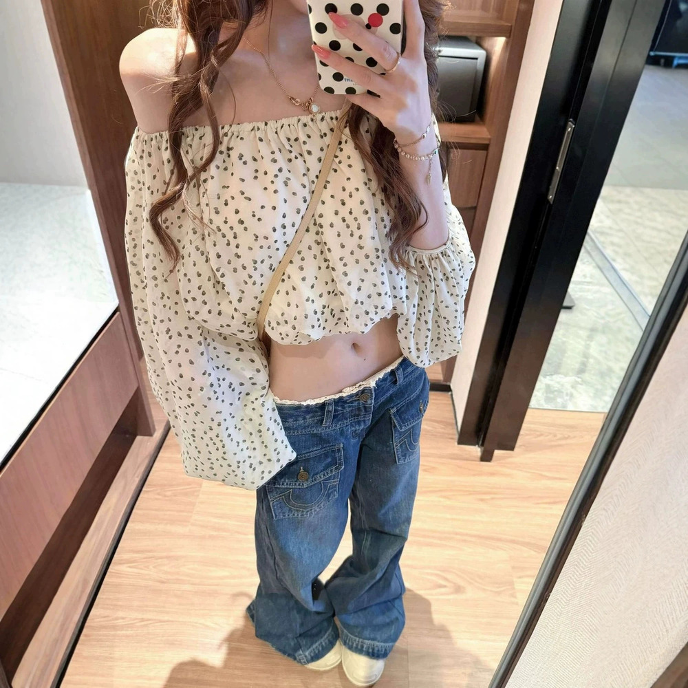 Zara Polka Dot Off Shoulder Cropped Long Sleeve Top